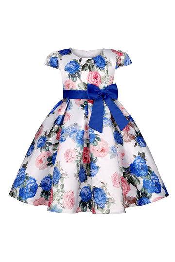Robe bleue fleurie pour filles avec nœud papillon